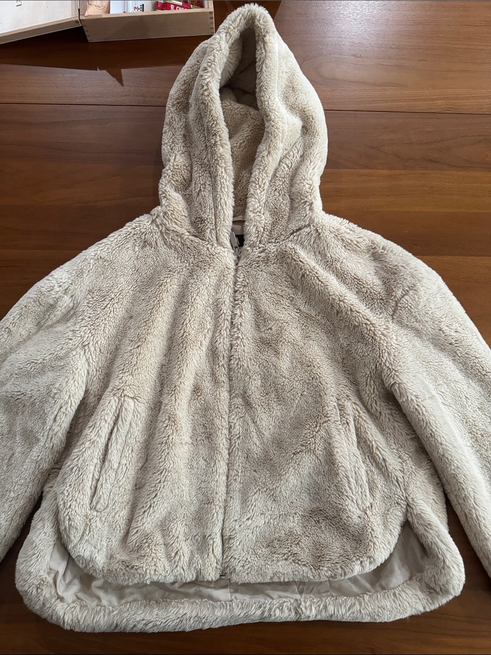 Zara Cream Hooded Teddy Faux Fur Jacket